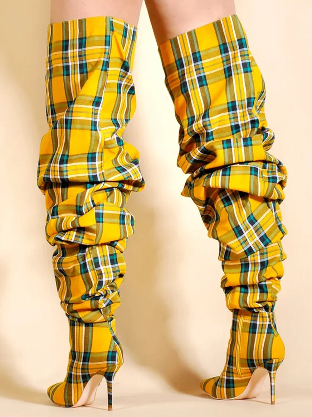 Ruched Over Knee Boots In Yellow & Green