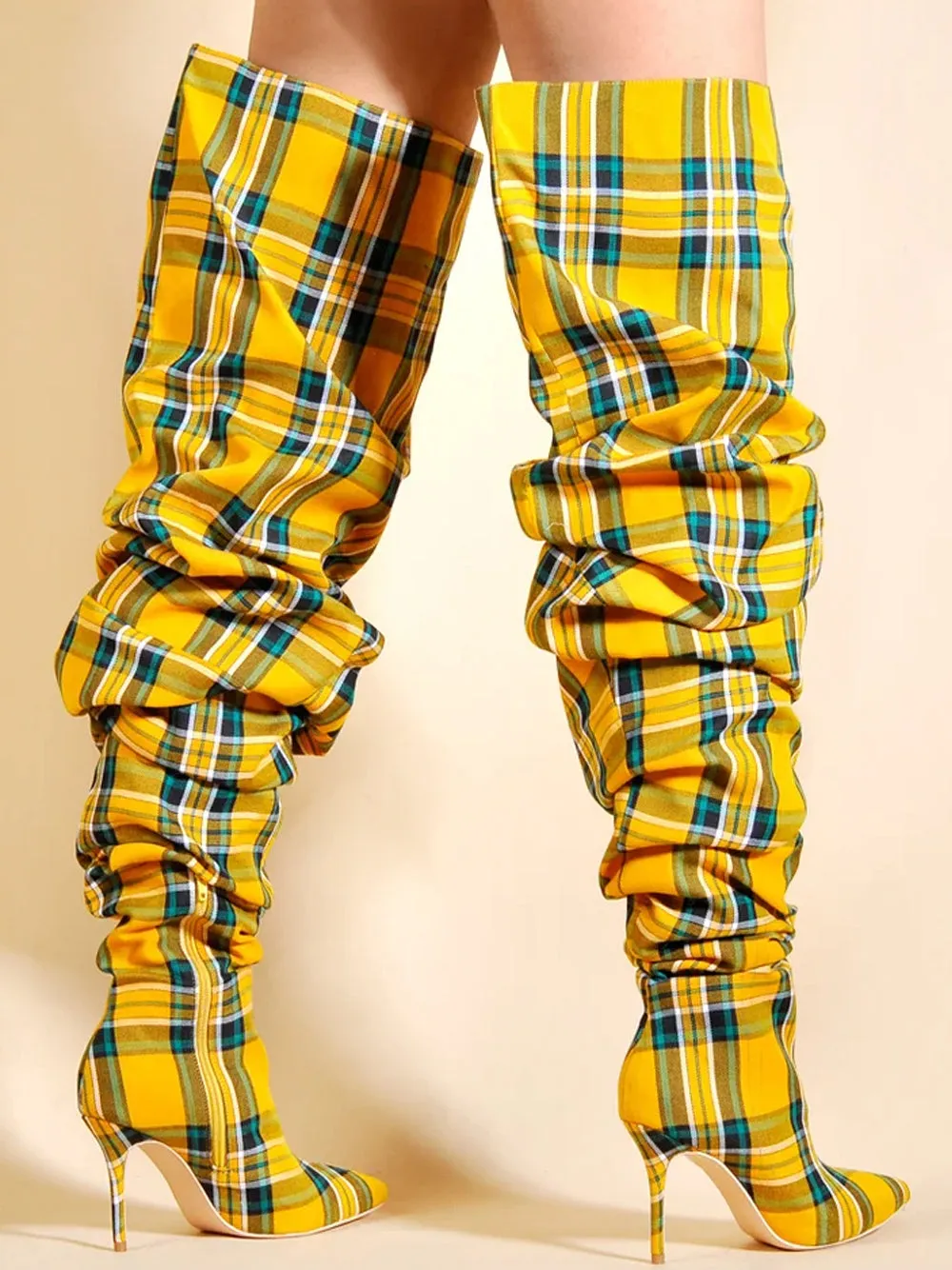 Ruched Over Knee Boots In Yellow & Green