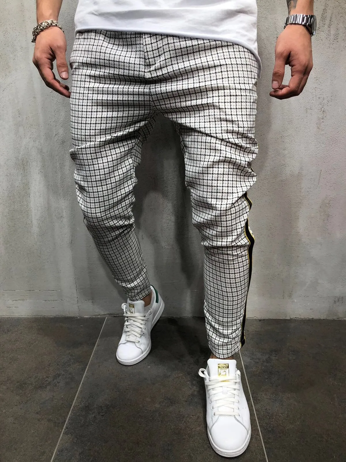 Side Striped Checkered Casual Jogger Pant A147 Streetwear Jogger Pants