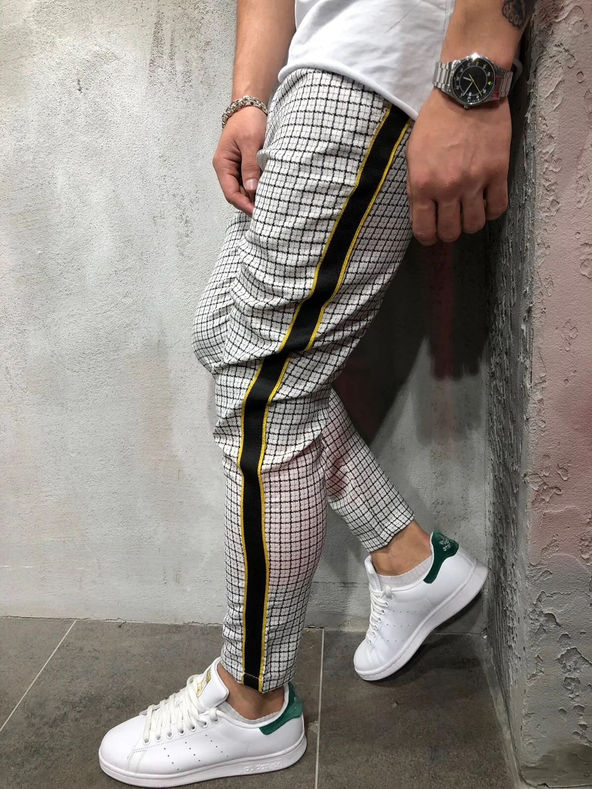 Side Striped Checkered Casual Jogger Pant A147 Streetwear Jogger Pants