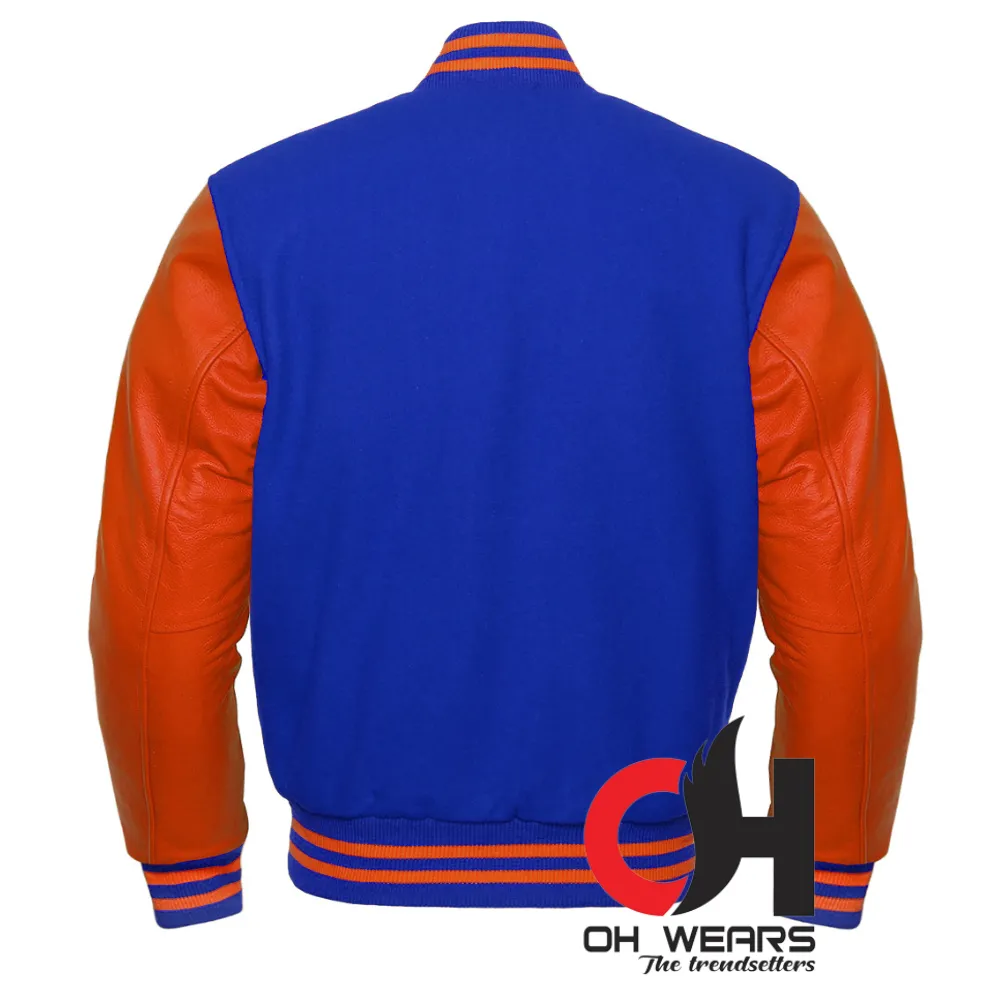 Varsity Letterman Baseball Blue & Light Blue Wool and Genuine Orange Leather Sleeves Jacket Varsity Men's Women's Kid's Letterman college jackets