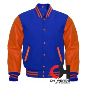 Varsity Letterman Baseball Blue Wool and Genuine Orange Leather Sleeves Jacket