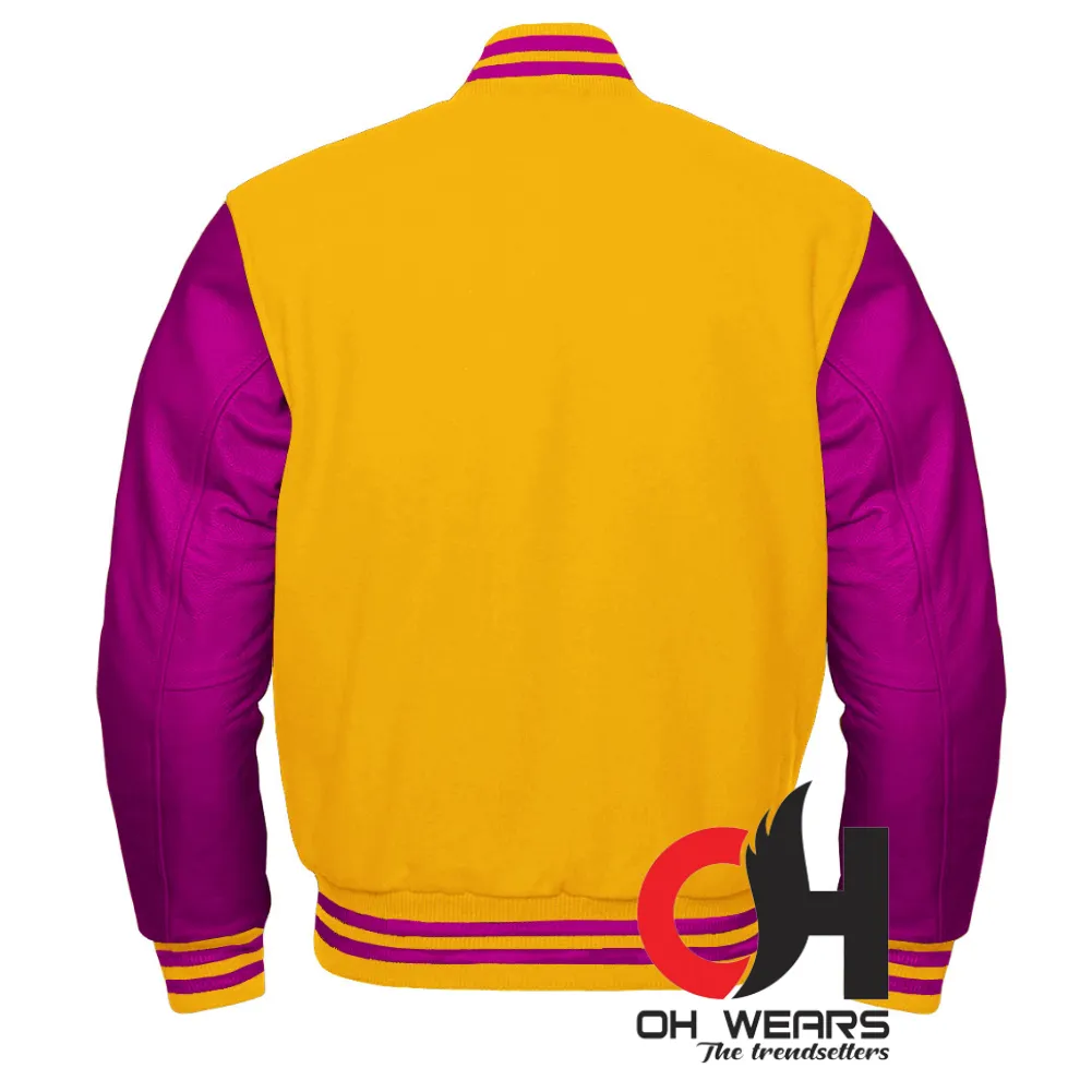 Varsity Letterman Baseball Bomber Yellow Wool and Genuine Purple Leather Sleeves Jacket Varsity Men's Women's Kid's Letterman college jackets