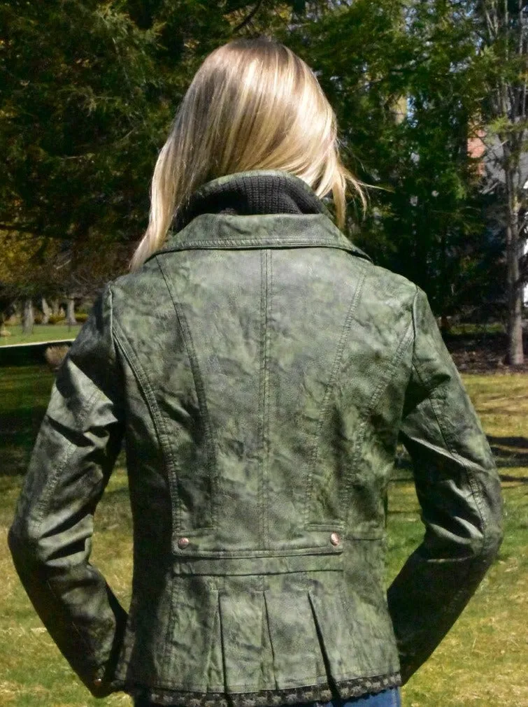 Women's Faux leather Jacket-BF1701-WGRN/OLIVE