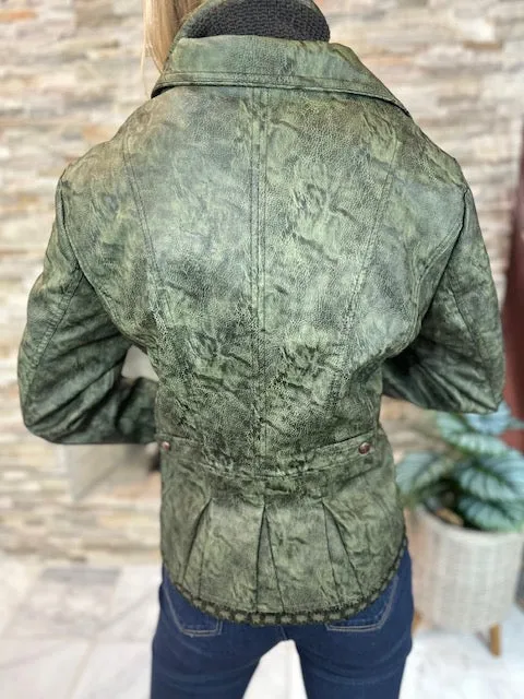 Women's Faux leather Jacket-BF1701-WGRN/OLIVE